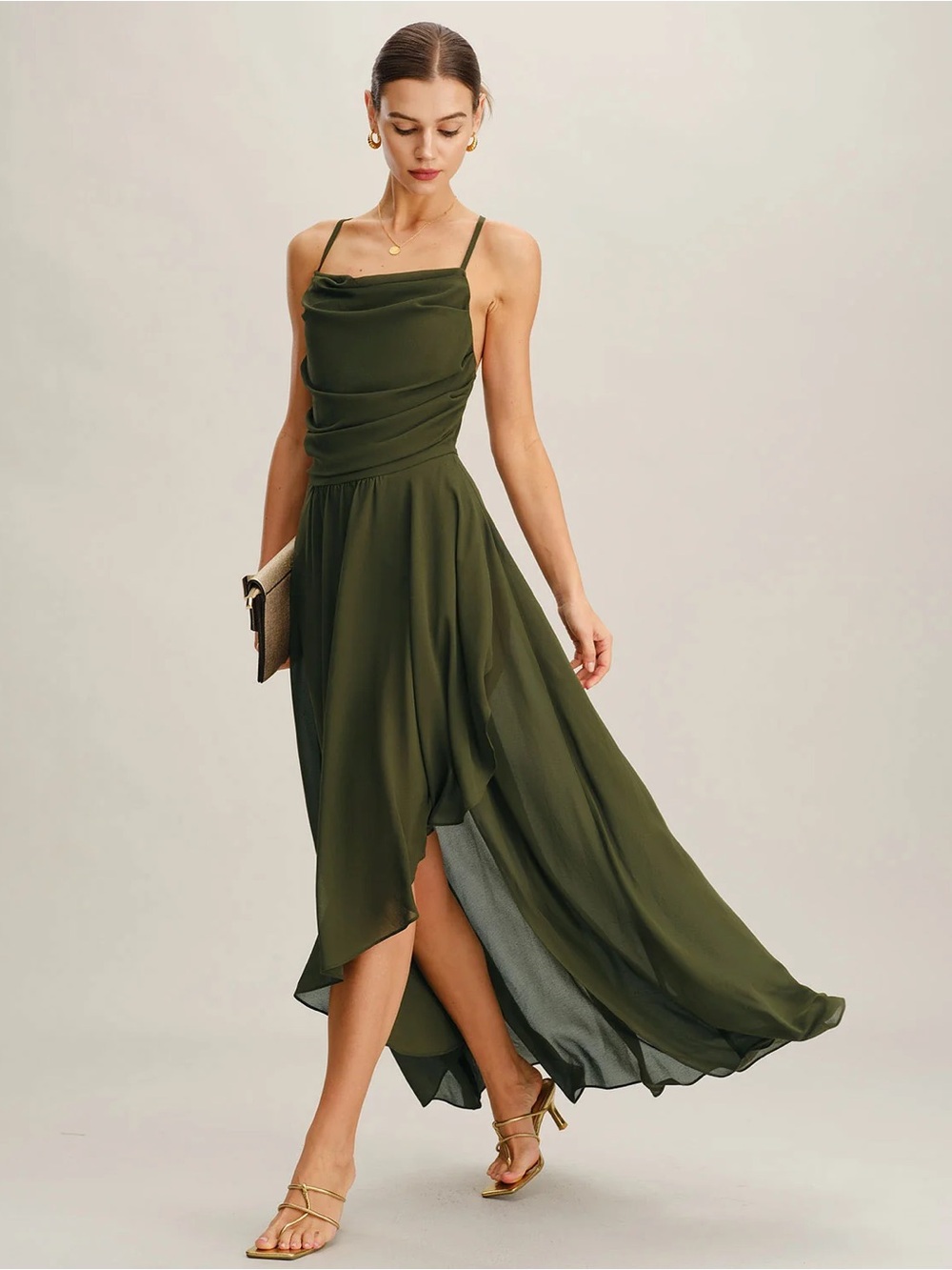 Rihoas Elegant Olive Green Cowl Neck Maxi Dress